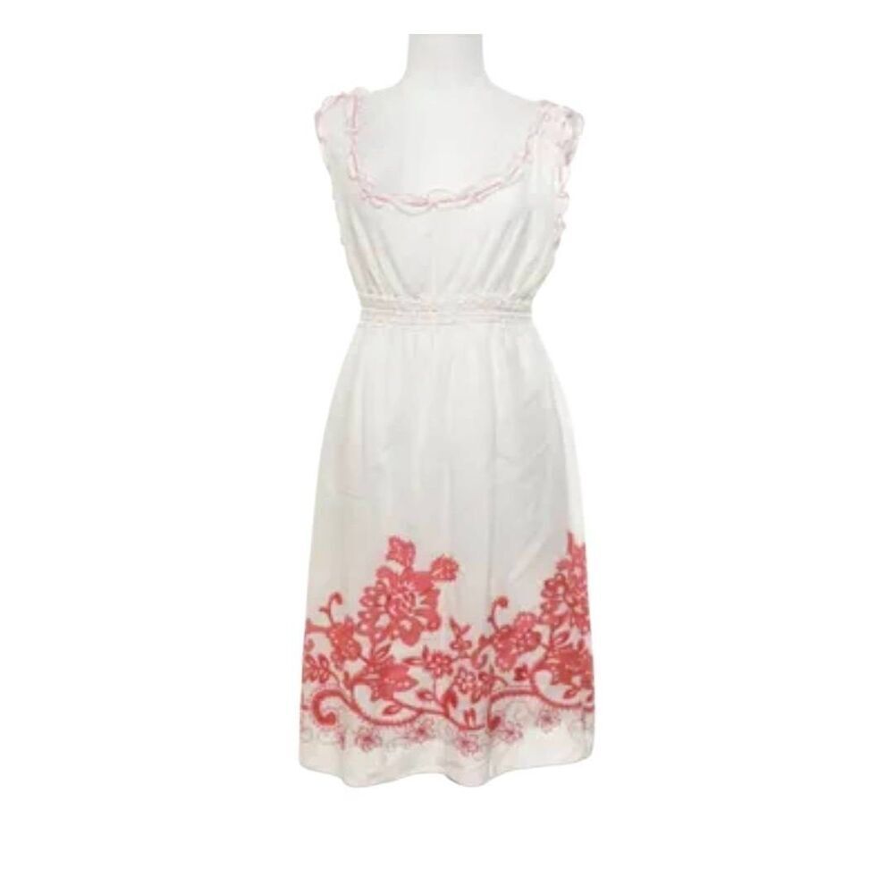 Max Studio Women's White Cotton Knit w Red Embroidery Sleeveless Lined Dress EUC